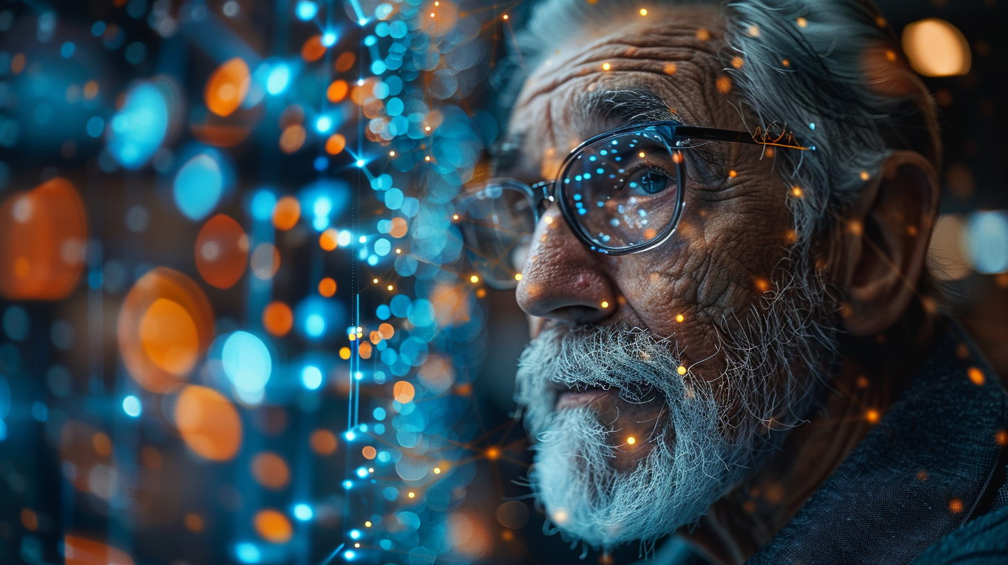 Elderly man with glasses surrounded by digital, glowing data points representing AI for seniors and assistive technology for seniors